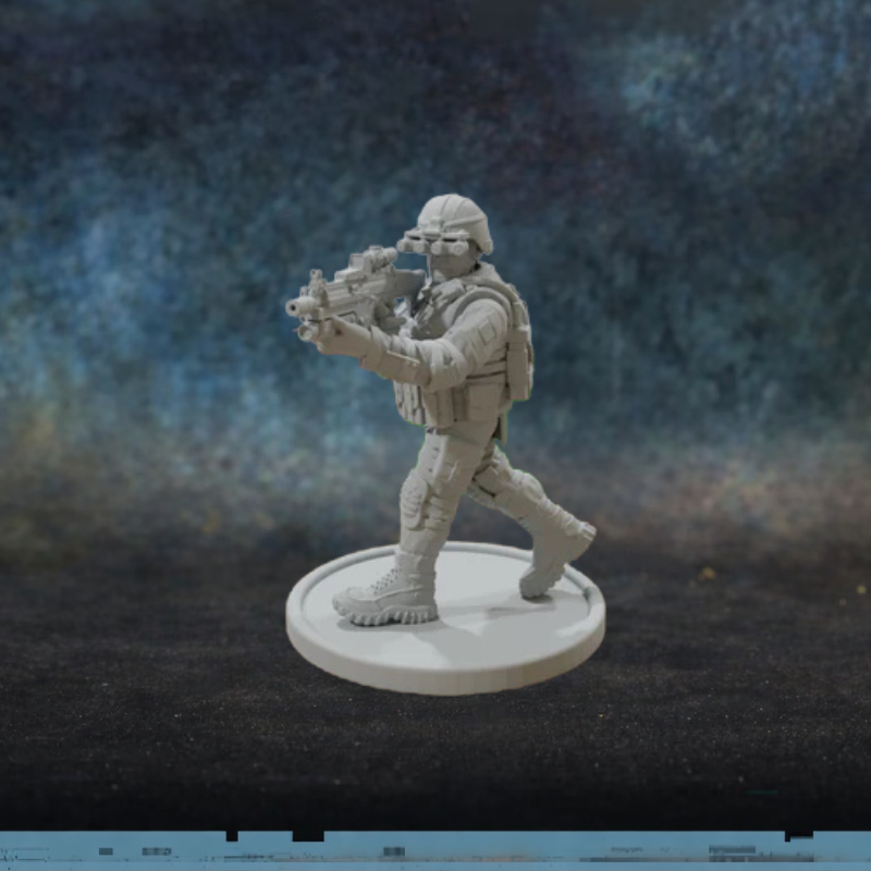 Night-Ops Soldier – figurka żołnierza nocnych operacji z goglami NVG i karabinkiem w skali 28mm, żywica, druk 3D, Patrick Miniatures