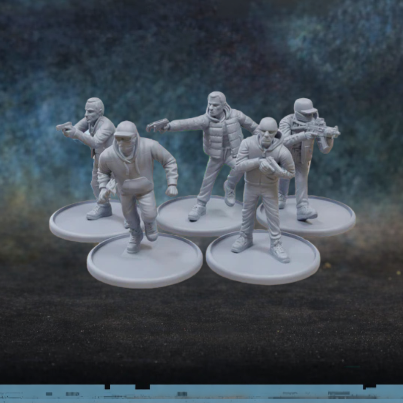 Criminals and Radicals Pack 2 Patrick Miniatures TurnBase Miniatures – 5 figurek przestępców i radykałów w cywilnych ubraniach z pistoletami i karabinkiem, druk 3D żywica 28mm widok z przodu