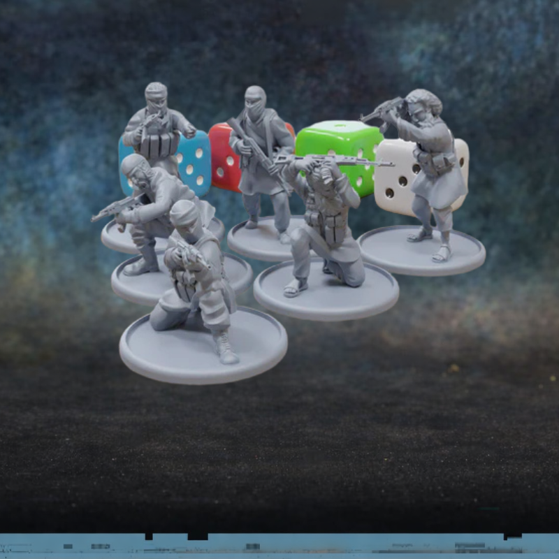 MENA Rebels Squad Alpha Patrick Miniatures TurnBase Miniatures – 6 figurek rebeliantów bliskowschodnich w mieszanym umundurowaniu z AK i karabinem snajperskim, druk 3D żywica 28mm widok z przodu