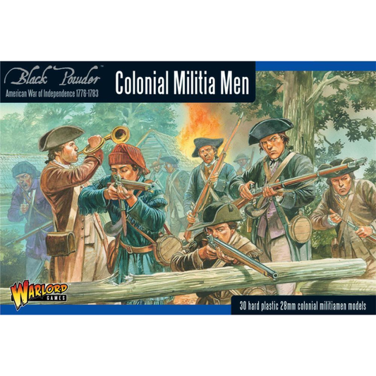 Pudełko zestawu Colonial Militia Men – Black Powder American War of Independence 1776-1783, 30 twardych plastikowych figurek 28mm kolonialnej milicji, Warlord Games