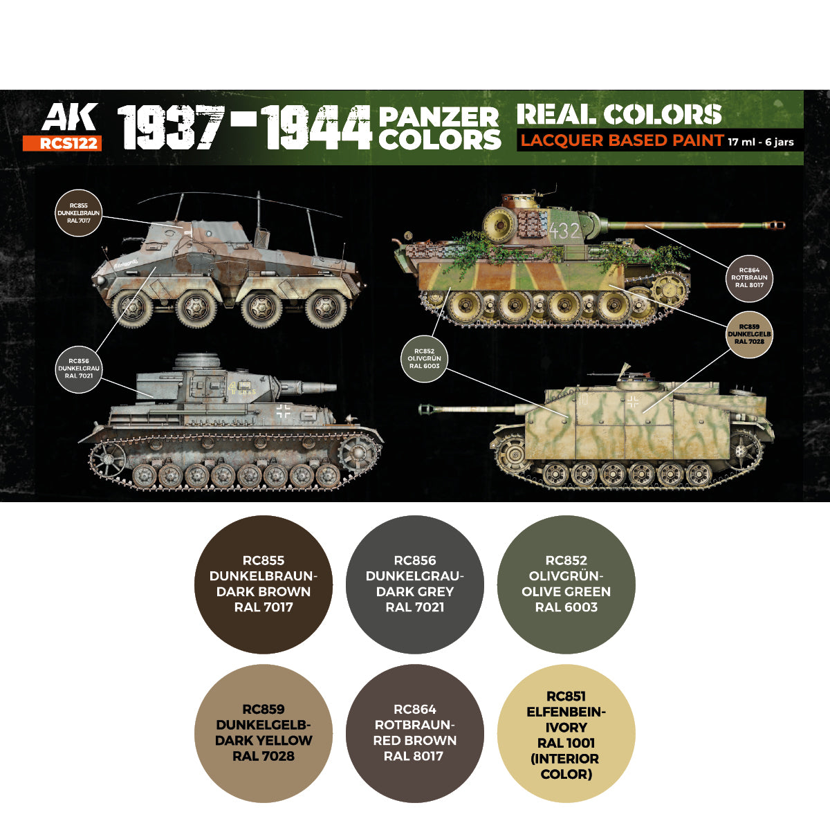 1937-1944 Panzer Colors RCS122 zawartość - karta 6 kolorów Real Colors: RC855 Dunkelbraun RAL 7017, RC856 Dunkelgrau RAL 7021, RC852 Olivgrün RAL 6003, RC859 Dunkelgelb RAL 7028, RC864 Rotbraun RAL 8017, RC851 Elfenbein RAL 1001 - AK Interactive