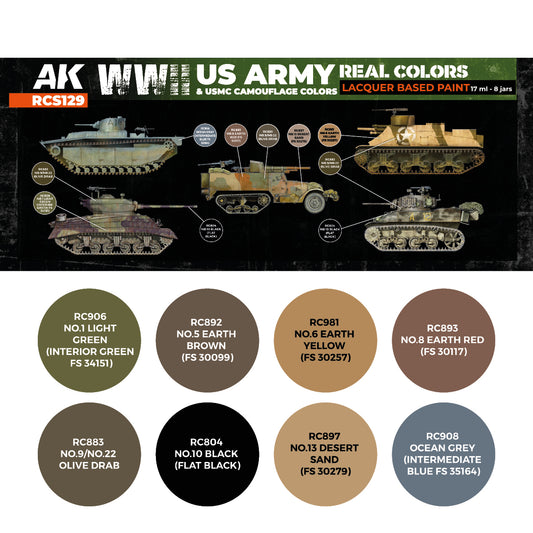 WWII US Army & USMC Camouflage Colors RCS129 zawartość - RC906 Light Green, RC892 Earth Brown, RC981 Earth Yellow, RC893 Earth Red, RC883 Olive Drab, RC804 Black, RC897 Desert Sand, RC908 Ocean Grey - AK Interactive