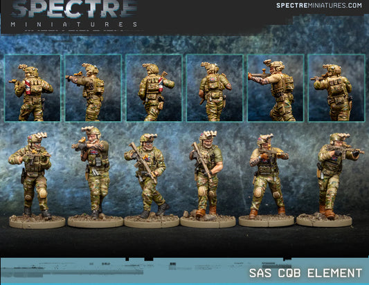 SAS CQB Element Spectre Miniatures – 6 operatorów SAS w kamuflażu Multicam z karabinkami KS-1 i Hydra mount, widok z przodu i z tyłu, 28mm