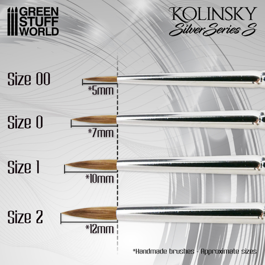 Green Stuff World Kolinsky Silver Series S – porównanie rozmiarów: Size 00 (5mm), Size 0 (7mm), Size 1 (10mm), Size 2 (12mm), czarne uchwyty z napisem Silver Series S Kolinsky, szare tło