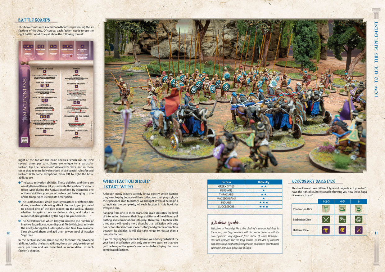 SAGA: Age of Alexander – rozkładówka frakcji The Successors: makieta bitwy z figurkami hellenistycznej kawalerii i rydwanów, opis Successor Troops i Faction Rules, historia królestw następców Aleksandra, kolorowe zdjęcia figurek, Studio Tomahawk