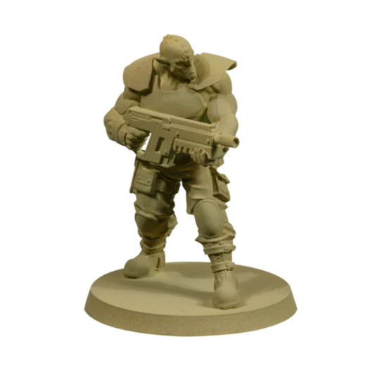 Surface Primer Olive Scale75 - figurka żołnierza sci-fi pokryta podkładem oliwkowym, gotowa do malowania
