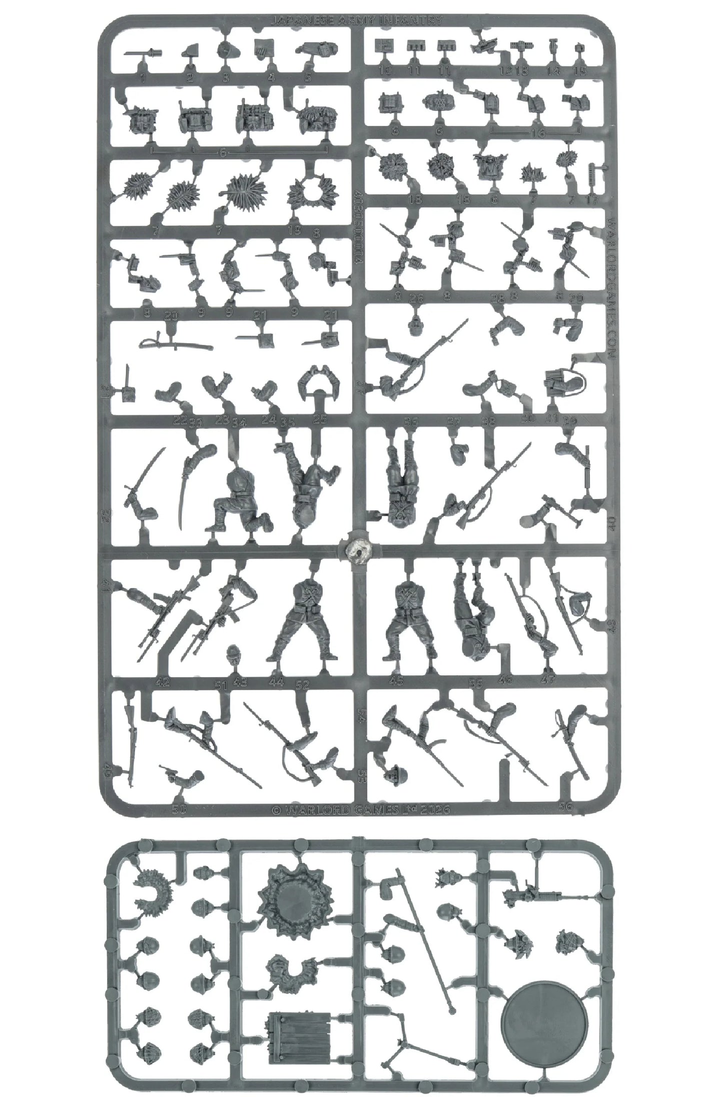 Japanese Army Infantry Platoon – wypraski plastikowe Warlord Games: 2 duże arkusze z tułowiami, głowami, bronią (Arisaka, LMG, MMG, katana, lunge mine) i 1 mały arkusz z akcesoriami i podstawką 60mm