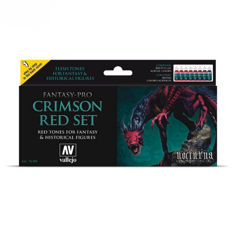 Vallejo 74103 Fantasy-Pro Crimson Red Set – pudełko zestawu 8 farb akrylowych 17ml z czerwonym smokiem Nocturna na okładce, Red Tones for Fantasy & Historical Figures, Vallejo
