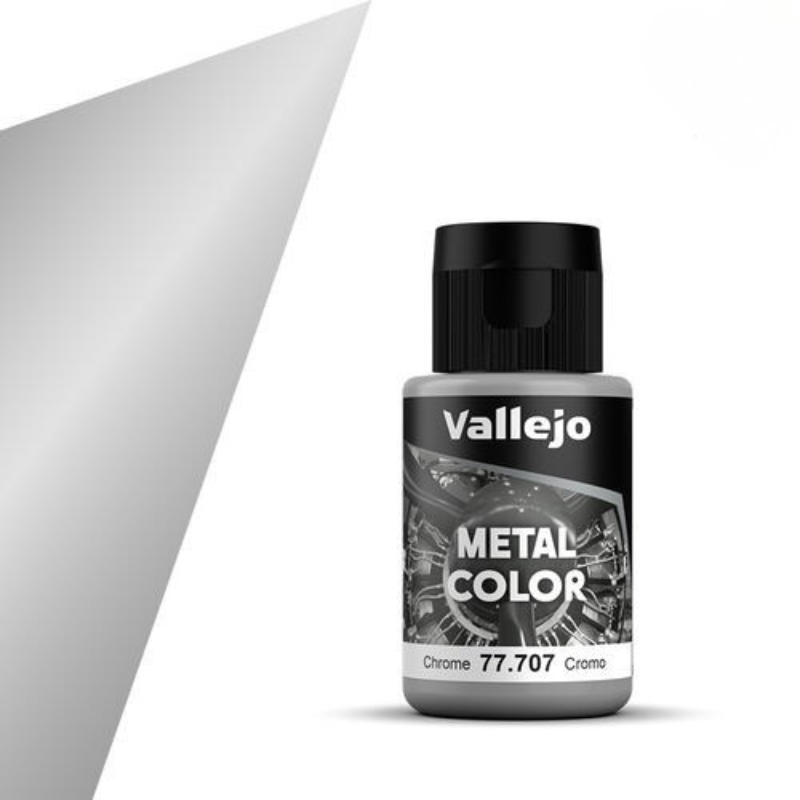Vallejo Metal Color 77.707 Chrome – butelka 32ml metalicznej farby akrylowej w kolorze chromu do aerografu, seria Metal Color