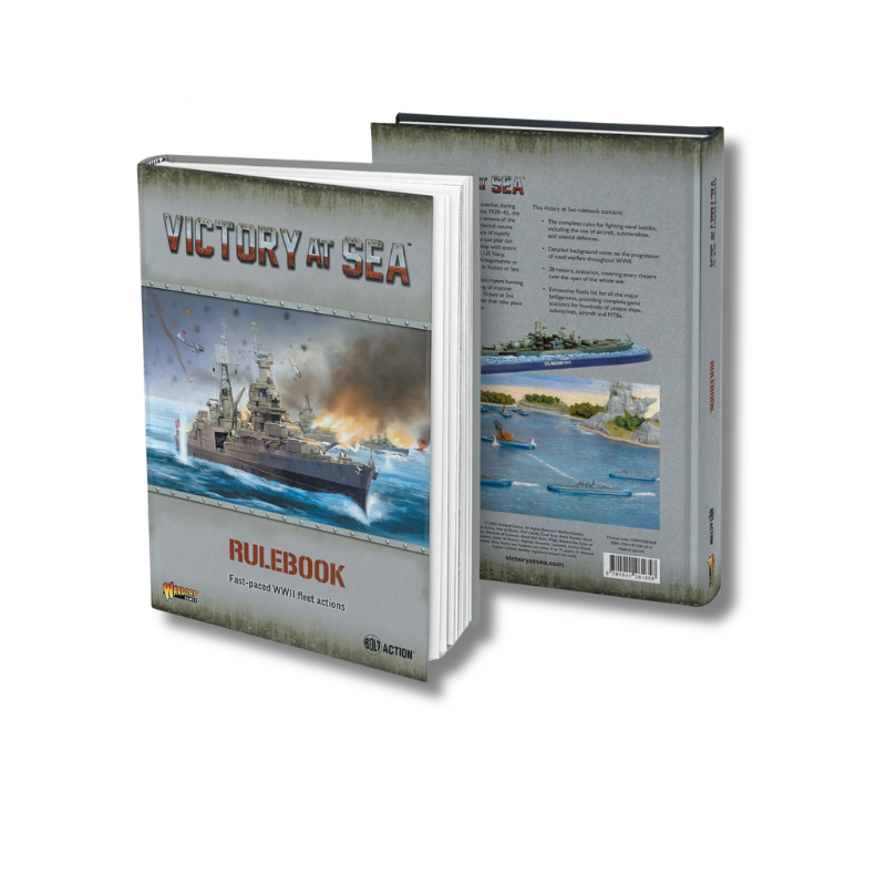 Victory at Sea Rulebook 741010001 – twarda okładka podręcznika: pancernik w pełnym biegu przez wzburzone morze z eksplozjami i samolotami w tle, napis Victory at Sea Rulebook Fast-paced WWII Fleet Actions, logo Warlord Games i Bolt Action; tył okładki z ilustracją okrętów na spokojnym morzu i opisem zawartości, wydawnictwo Warlord Games