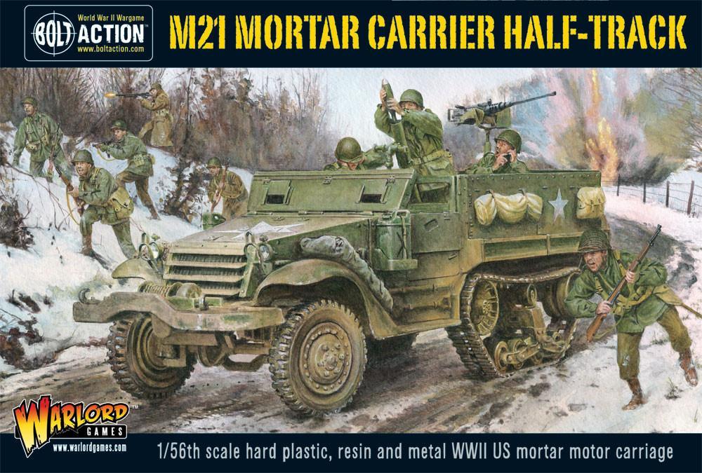M21 Mortar Carrier Half-track Bolt Action - opakowanie Warlord Games z ilustracją bojową, moździerz 81mm, załoga USA 1/56