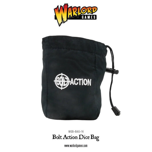 Bolt Action Dice Bag - czarny worek na kostki z białym logo Bolt Action (celownik z napisem), czarny sznurek ściągający - kolorowe logo Warlord Games na górze - kod produktu WGB-BAG-14 - www.warlordgames.com - uniwersalny worek do losowania Order Dice - Warlord Games