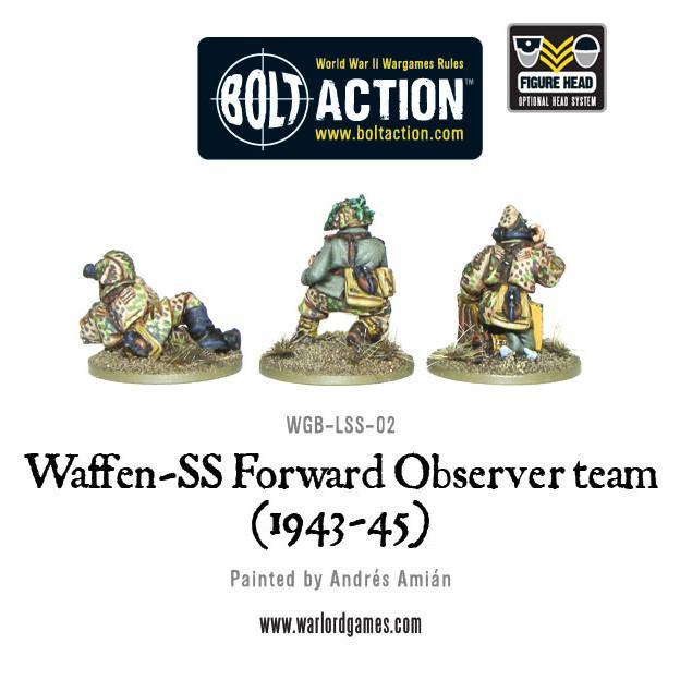 Waffen-SS Forward Observer Team Bolt Action - widok z tyłu z logo Bolt Action i Figure Head, 3 figurki w kamuflażu SS Erbsenmuster, operator radiowy, obserwator z mapą, snajper z lornetką, kod WGB-LSS-02