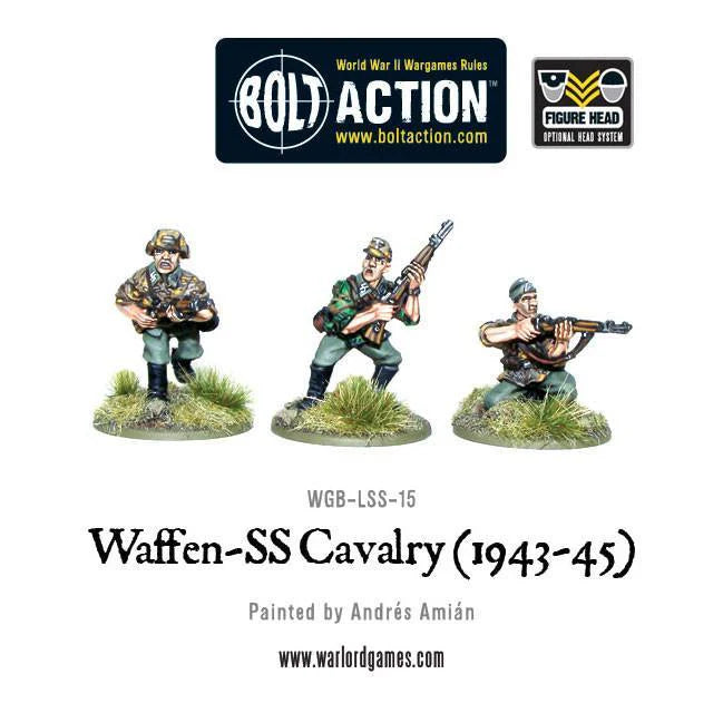 Waffen-SS Cavalry 1943-45 – 3 figurki dismounted widok z tyłu: detale ekwipunku, plecaki, ładownice, kamuflaż Erbsenmuster, metal 28mm Bolt Action