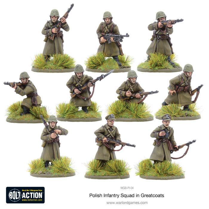 Polish Infantry Squad in Greatcoats – 10 metalowych figurek 28mm polskiej piechoty w płaszczach z karabinami Mauser, Bolt Action, Warlord Games WGB-PI-04