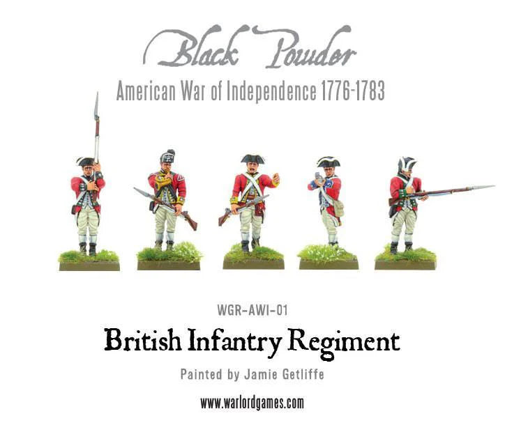 British Infantry Regiment WGR-AWI-01 – pięć figurek muszkieterów i oficera w różnych pozach bojowych w czerwonych mundurach z białymi pasami, 28mm Black Powder AWI Warlord Games