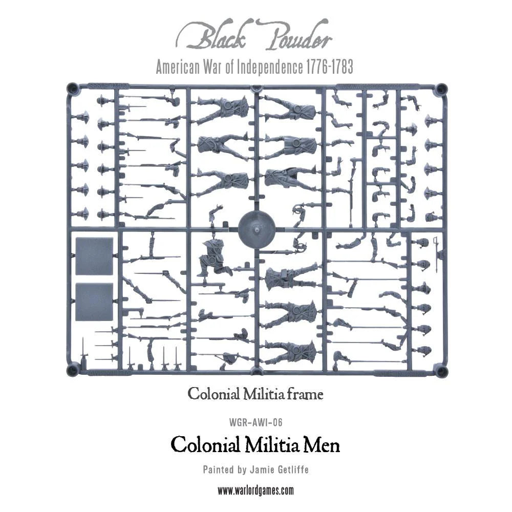 Colonial Militia Men WGR-AWI-06 – szara ramka plastikowa Colonial Militia Frame z tułowiami, głowami, muszkietami, toporkami i akcesoriami, zestaw do montażu 28mm Black Powder