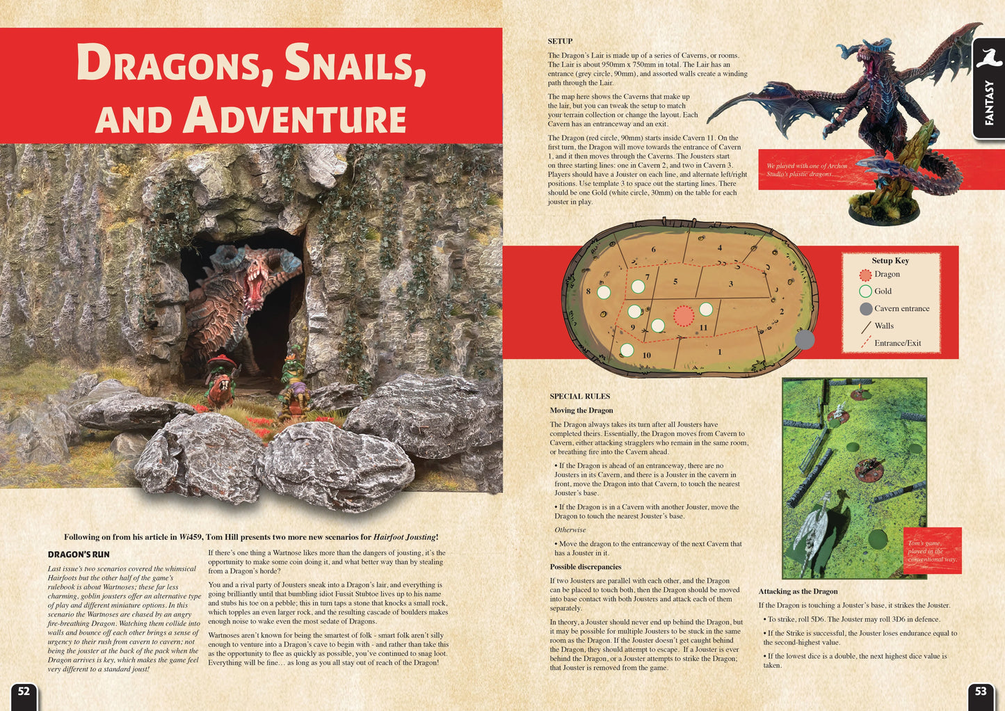 Wargames Illustrated WI460 – rozkładówka "Dragons, Snails, and Adventure": scenariusze do Hairfoot Jousting, mapa jaskini smoka z kavernami, figurki fantasy i zasady specjalne