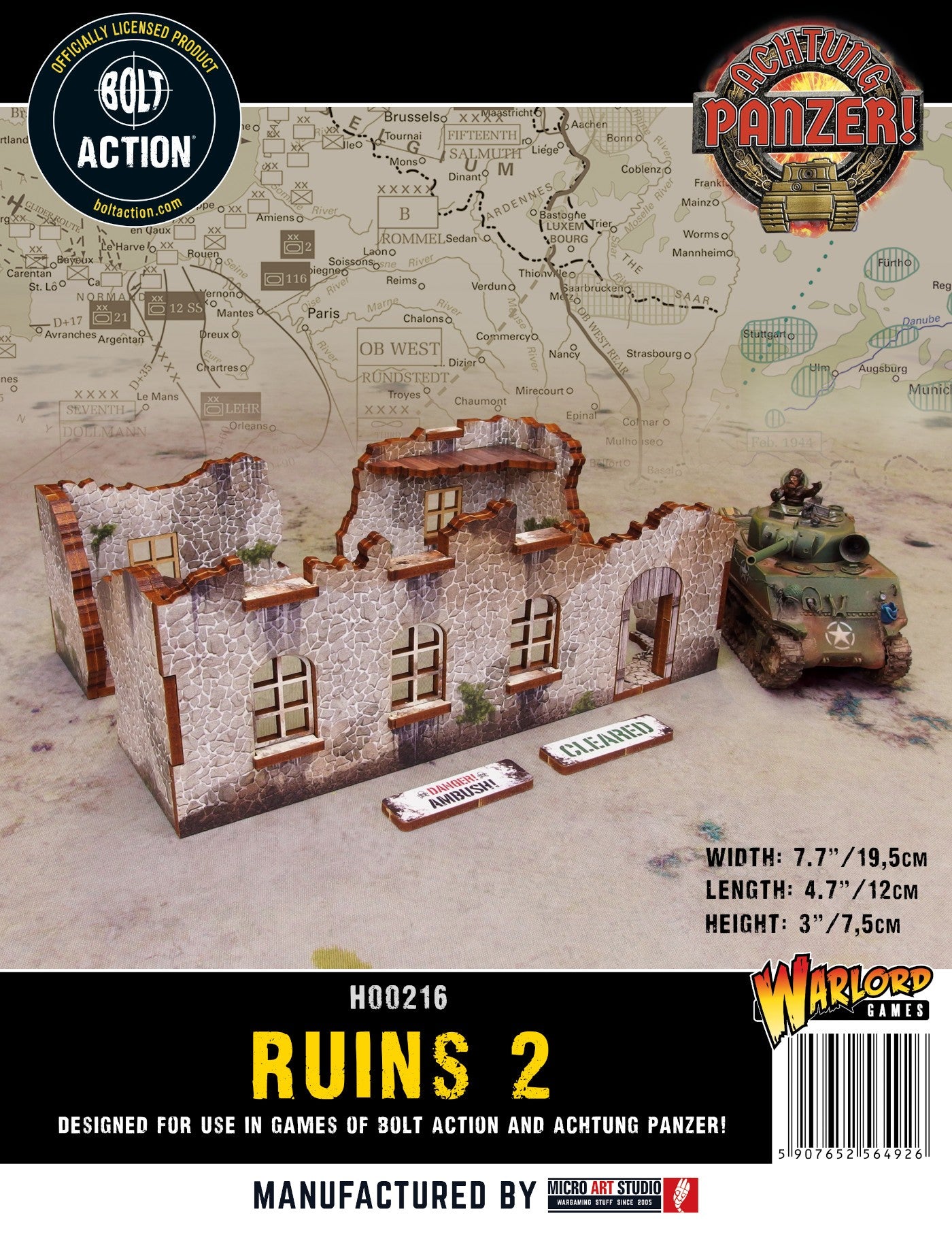 Normandy Ruin 2 – okładka pudełka z czołgiem Sherman, wymiary i logo Bolt Action i Achtung Panzer, 28mm Micro Art Studio