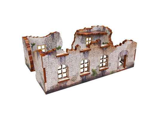 Normandy Ruin 3 – widok izometryczny z przodu na złożone ruiny z łukowymi oknami i drewnianymi okiennicami, 28mm Bolt Action
