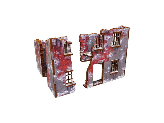 Normandy Winter Ruin 2 – widok izometryczny z przodu na złożone ruiny z czerwoną cegłą i pękniętym tynkiem, 28mm Bolt Action