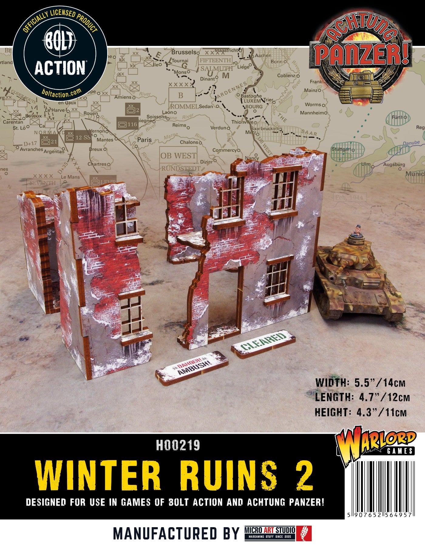 Normandy Winter Ruin 2 – okładka pudełka z czołgiem Panzer IV, wymiary i logo Bolt Action i Achtung Panzer, 28mm Micro Art Studio