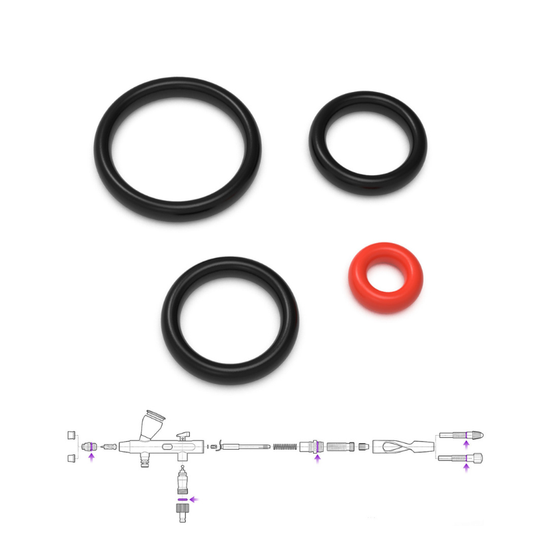 Green Stuff World Mobius Airbrush Black O-Rings – zestaw uszczelek z diagramem miejsc montażu w aerografie Mobius