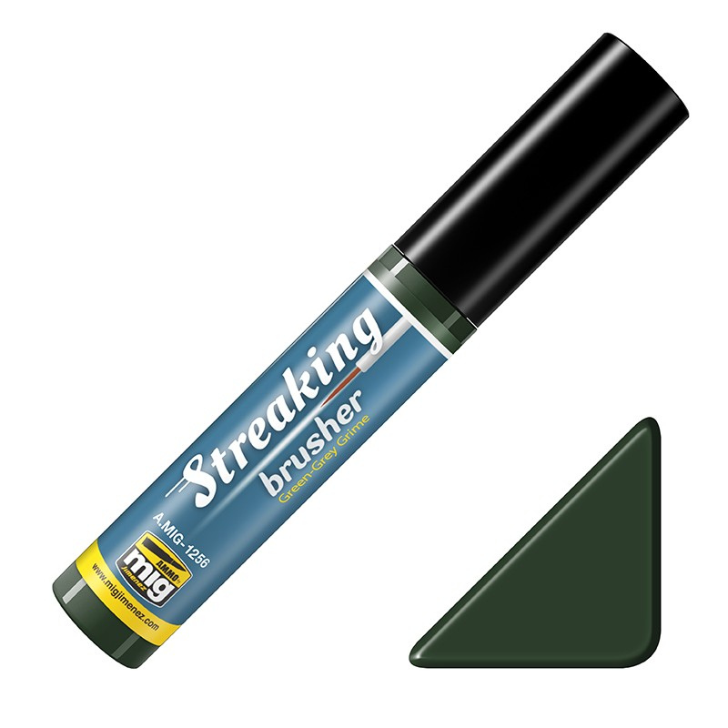 AMMO by MIG Jimenez Green-Grey Grime Streakingbrusher A.MIG-1256 – marker weatheringowy z pędzelkiem, farba olejna 10ml do efektów zielono-szarego brudu na modelach militarnych