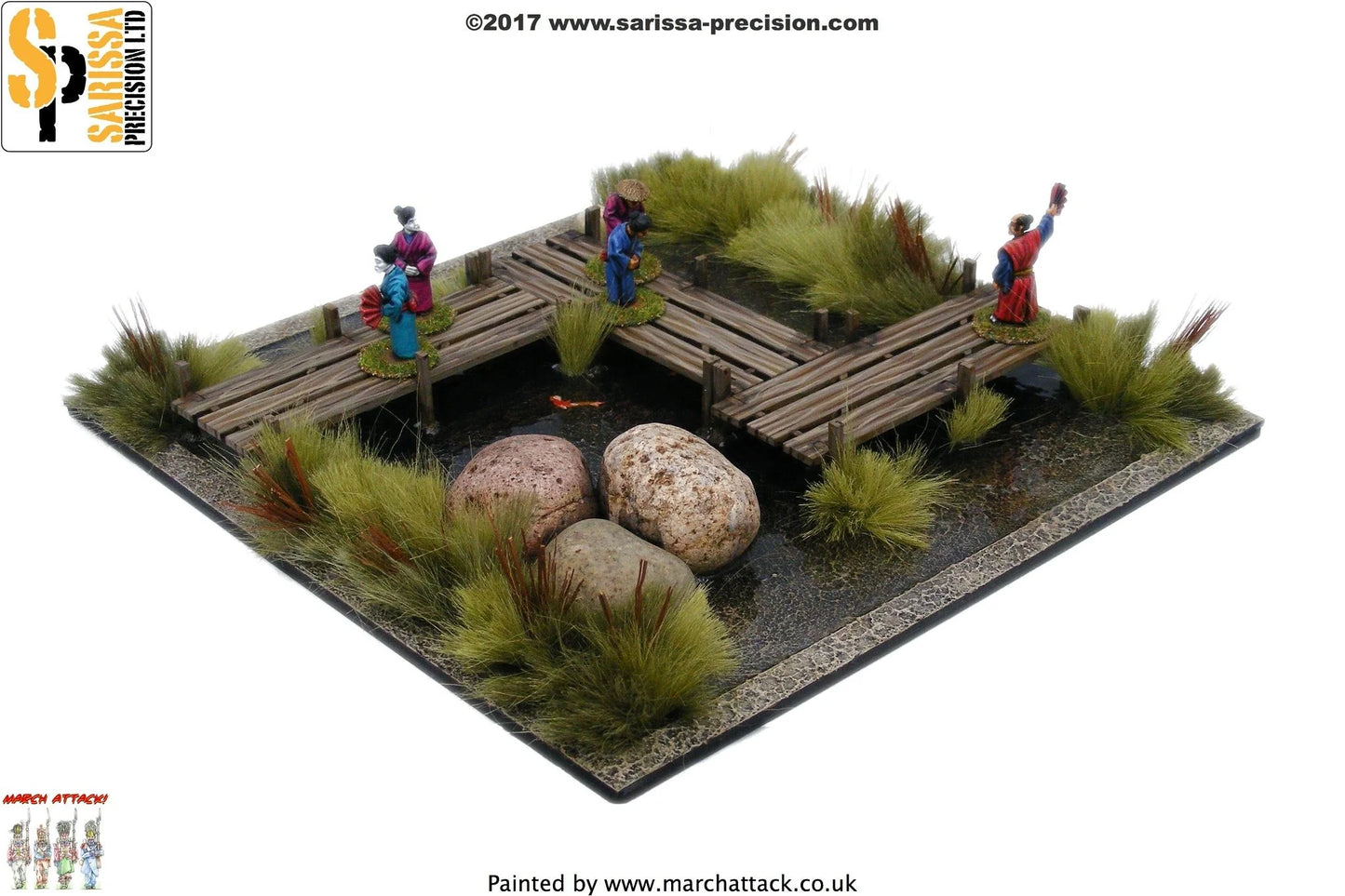 Walkway / Bridge Set B008 – widok izometryczny z przodu na pomost z 3 sekcji na macie z figurkami i kamieniami, pomalowane MDF, 28mm Sarissa Precision