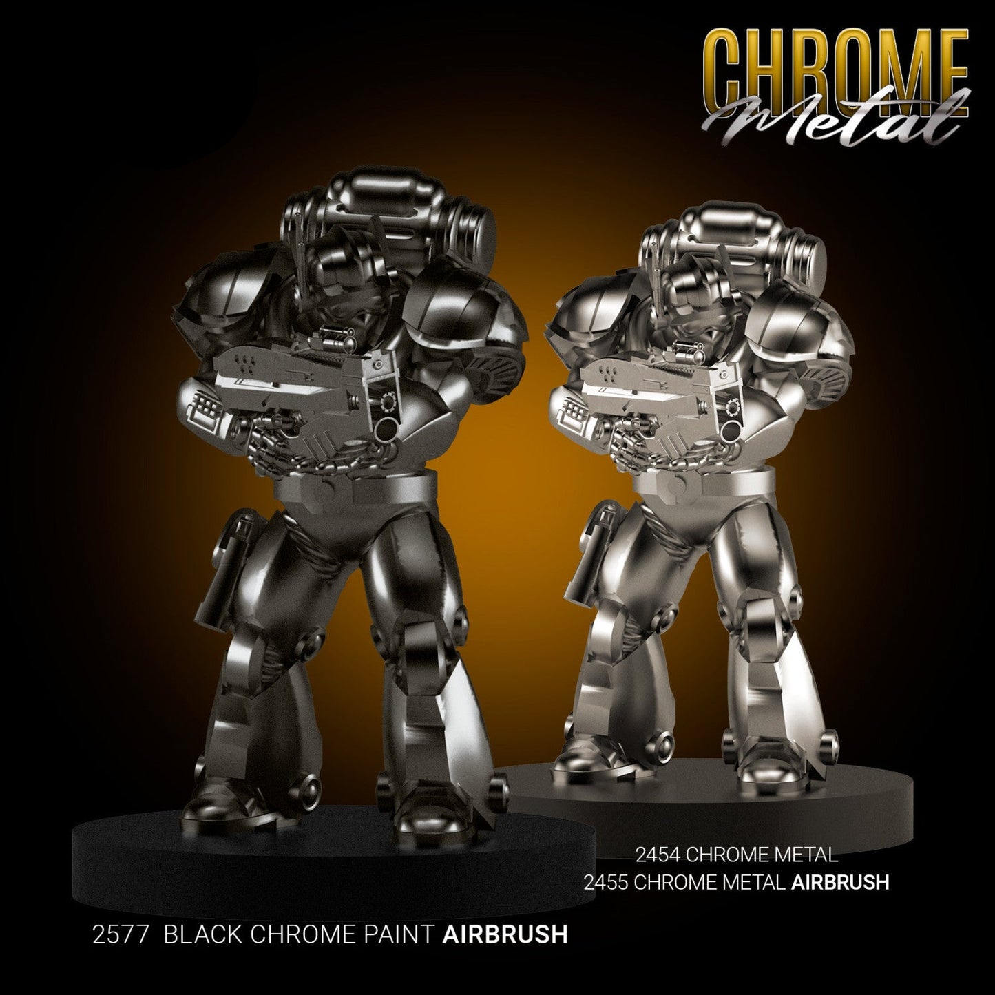 Porównanie efektu Black Chrome Paint Airbrush 2577 i Chrome Metal 2454/2455 Green Stuff World na figurkach science-fiction