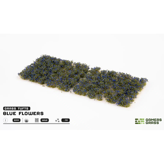 Blue Flowers 6mm Wild Gamers Grass - arkusz kępek kwiatowych na białym tle z logo Gamers Grass i opisem produktu: Grass Tufts 6mm Wild 70x