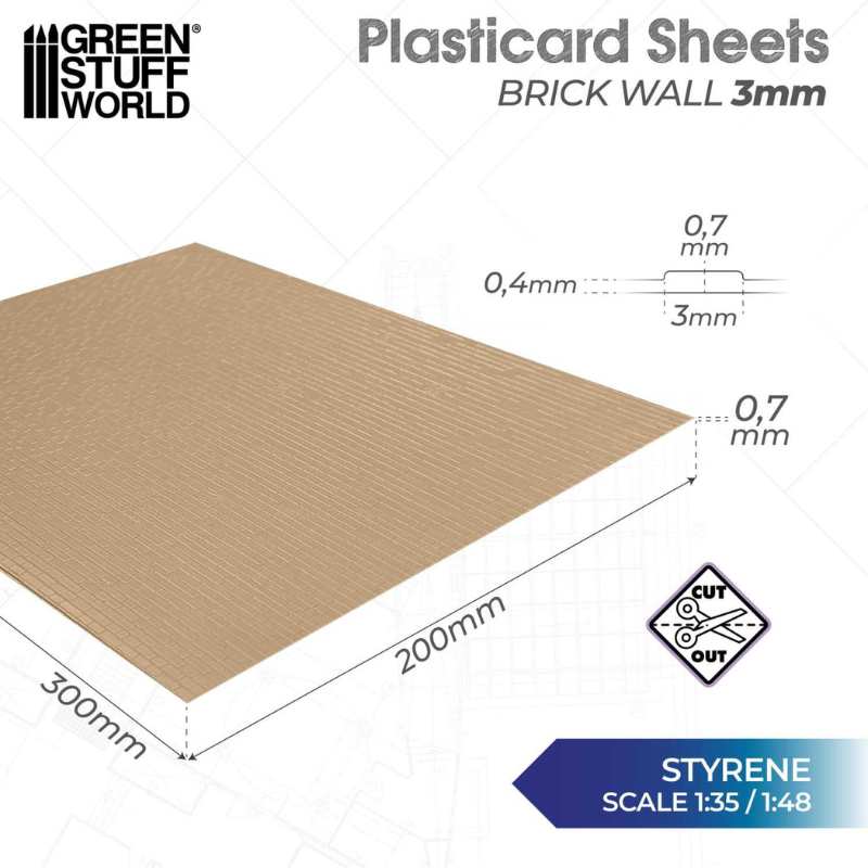 Plasticard Brick Walls 3mm – widok boczny arkusza styrenu 200x300x0,7mm z teksturą cegieł, skala 1:35/1:48 | Green Stuff World