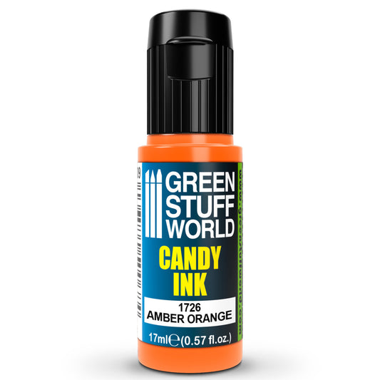 Candy Ink Amber Orange Green Stuff World – butelka dropper 17ml z transparentnym tuszem akrylowym w kolorze pomarańczy bursztynowej, widok z przodu, napis "Candy Ink 1726 Amber Orange", pojemność 17ml (0,57 fl.oz.), logo GSW