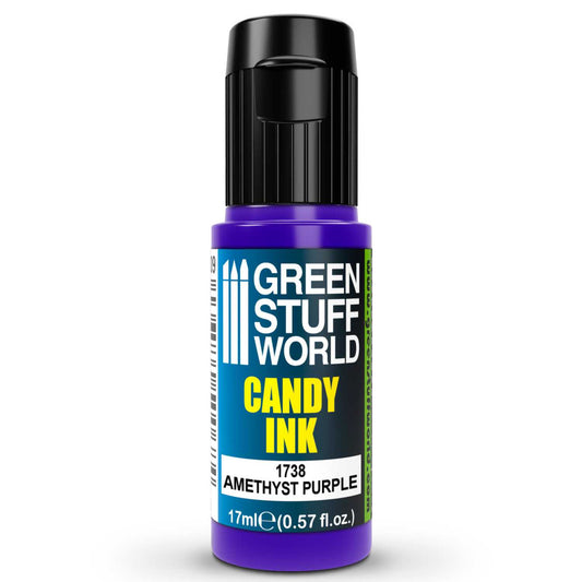 Candy Ink Amethyst Purple Green Stuff World – butelka dropper 17ml z transparentnym tuszem akrylowym w kolorze fioletu ametystowego, widok z przodu, napis "Candy Ink 1738 Amethyst Purple", pojemność 17ml (0,57 fl.oz.), logo GSW