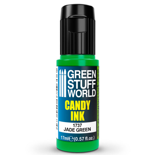 Candy Ink Jade Green Green Stuff World – butelka dropper 17ml z transparentnym tuszem akrylowym w kolorze zieleni jadeitowej, widok z przodu, napis "Candy Ink Jade Green 1737", pojemność 17ml (0,57 fl.oz.), logo GSW
