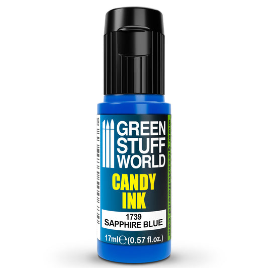 Candy Ink Sapphire Blue Green Stuff World – butelka dropper 17ml z transparentnym tuszem akrylowym w kolorze błękitu szafirowego, widok z przodu, napis "Candy Ink 1739 Sapphire Blue", pojemność 17ml (0,57 fl.oz.), logo GSW