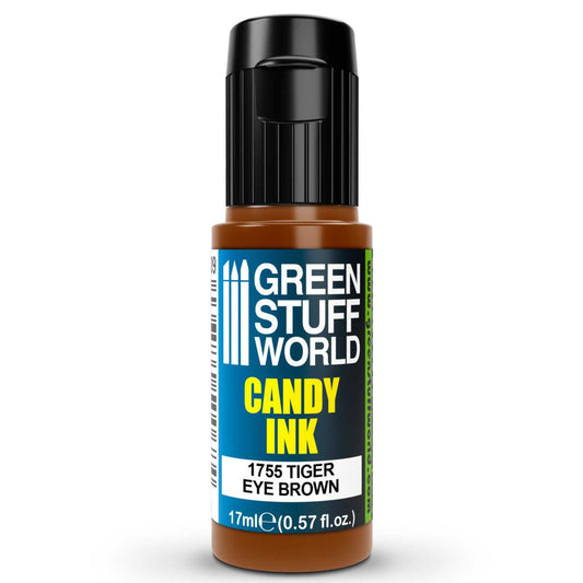 Candy Ink Tiger Eye Brown Green Stuff World – butelka dropper 17ml z transparentnym tuszem akrylowym w kolorze brązu tygrysiego oka, widok z przodu, napis "Candy Ink 1755 Tiger Eye Brown", pojemność 17ml (0,57 fl.oz.), logo GSW