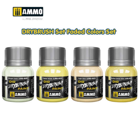 AMMO by Mig Jimenez DRYBRUSH Set Faded Colors – 4 słoiczki: Bright Green, Faded Yellow, Light Skin, Medium German Yellow
