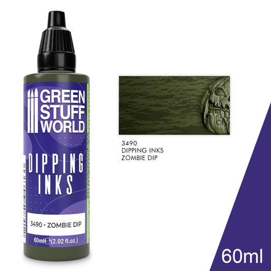 Dipping Ink Zombie Dip 3490 60ml Green Stuff World - butelka z próbką efektu na czaszce, widok z przodu