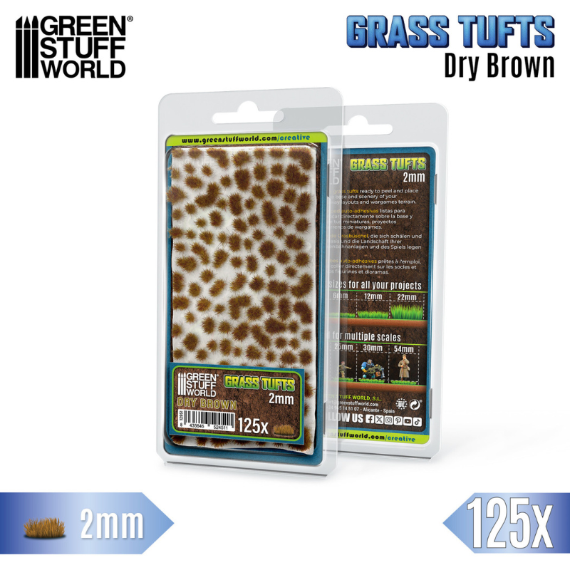 Static Grass Tufts 2mm Dry Brown GSW - opakowanie front i tył blistera z 125 samoprzylepnymi kępkami suchej brązowej trawy 2mm