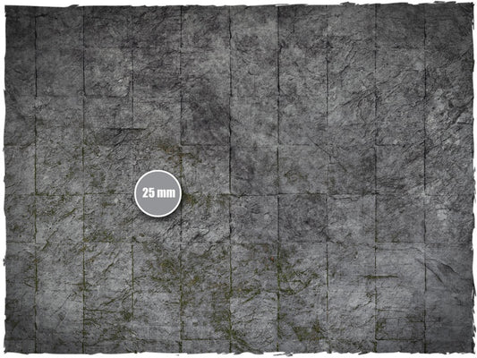 Dungeon – Mata do gry Mousepad Deep-Cut Studio – zbliżenie kamiennych płyt lochu z mchem ze skalą 25mm