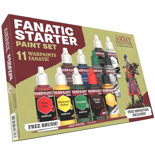 Warpaints Fanatic Starter Set The Army Painter – pudełko zestawu z 11 butelkami farb Warpaints Fanatic i napisem Free Miniature Included