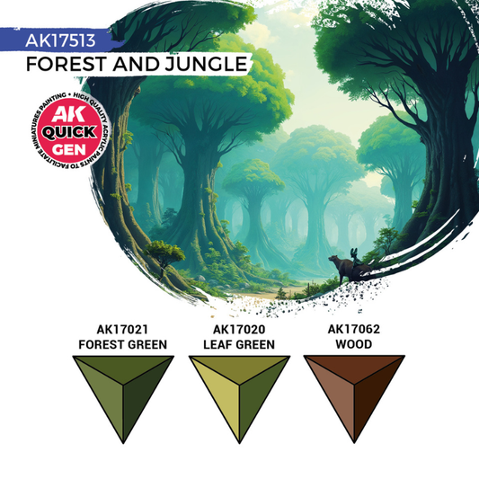 Paleta kolorów Forest and Jungle AK17513 – AK17021 Forest Green, AK17020 Leaf Green, AK17062 Wood | AK Interactive