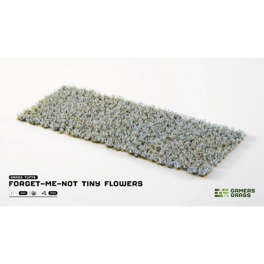 Forget-Me-Not Tiny Flowers 4mm Gamers Grass - arkusz kępek kwiatowych na białym tle z logo Gamers Grass i opisem produktu: Grass Tufts 4mm 370x