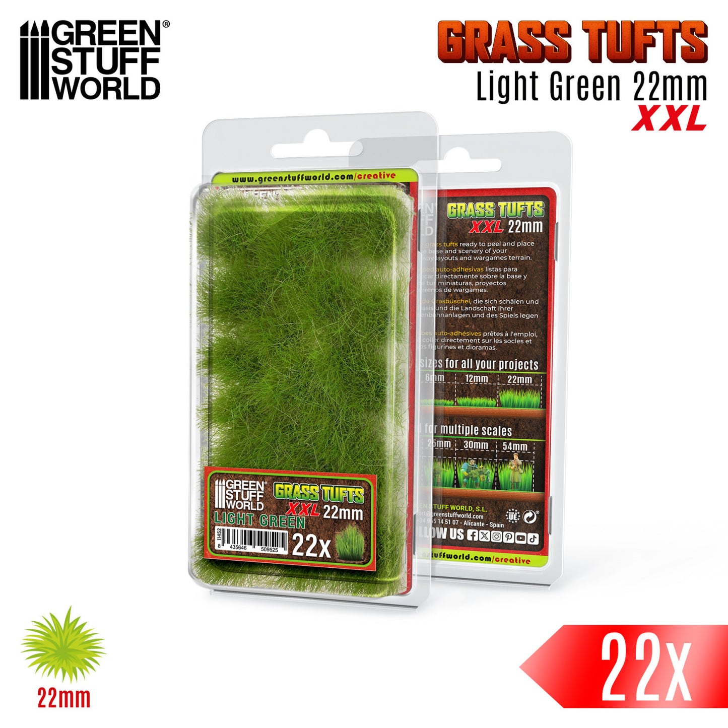 Grass Tufts XXL 22mm Light Green Green Stuff World - opakowanie blister z opisem rozmiarów 6mm 12mm 22mm i skal 25mm 30mm 54mm
