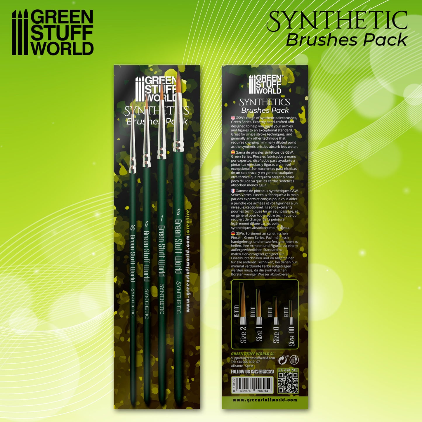 Green Stuff World Green Series Synthetic Brush Set - opakowanie przód i tył z opisem serii syntetycznych pędzli