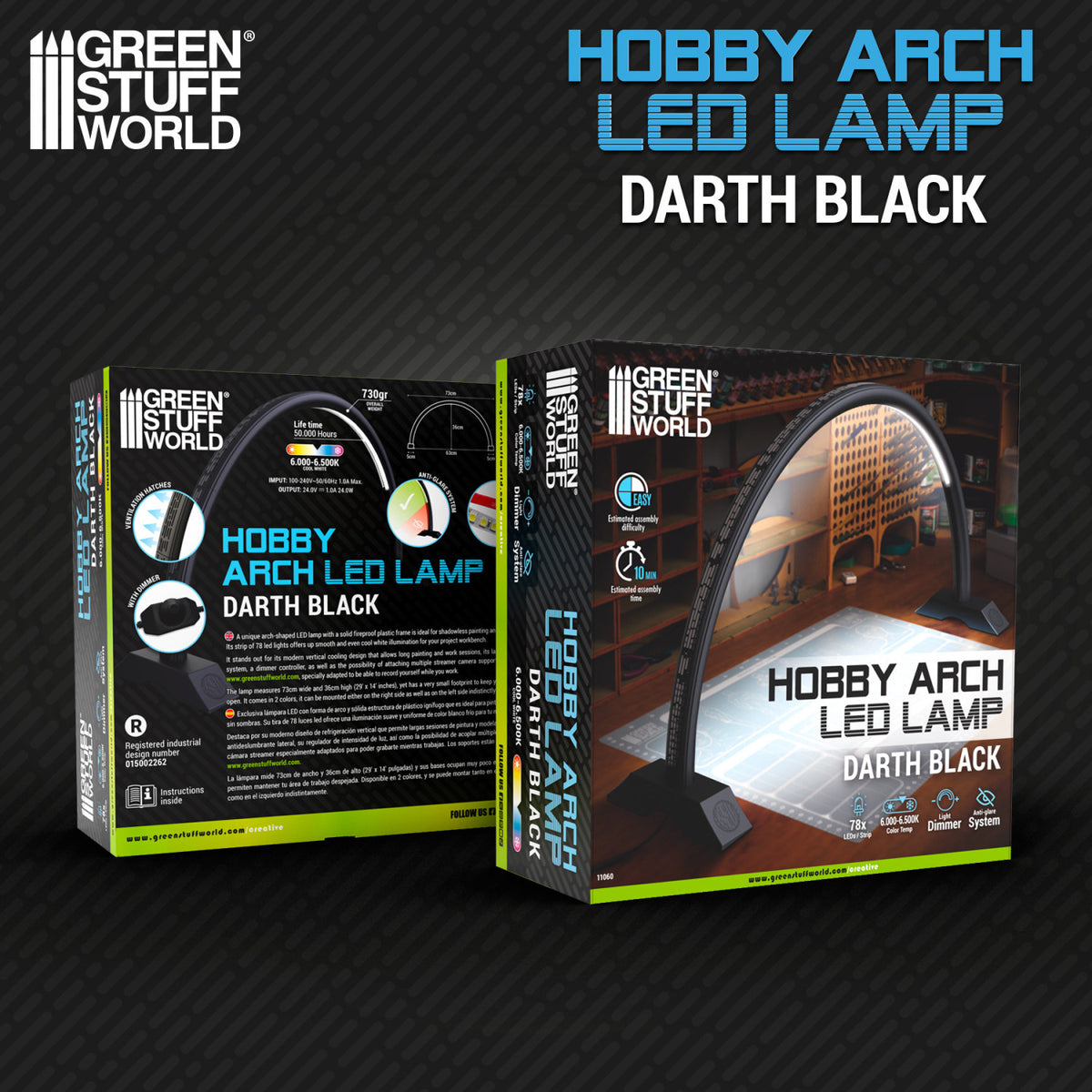 Hobby Arch LED Lamp Darth Black Green Stuff World – pudełko produktu z przodu i tyłu, czarna łukowa lampa LED na czarnej podstawie, ikony funkcji: 78x LED, 6000-6500K, dimmer, system antyodblaskowy, czas montażu 10 minut, MPN 11060, logo GSW