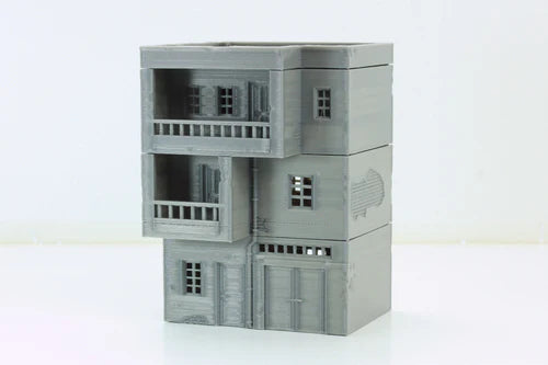 Arab Urban Building – widok frontu z balkonami i bramą garażową, teren 28mm Patrick Miniatures