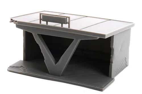 Bus Stop złożony – widok z przodu z łukiem V i dachem z balustradą, teren 28mm Patrick Miniatures