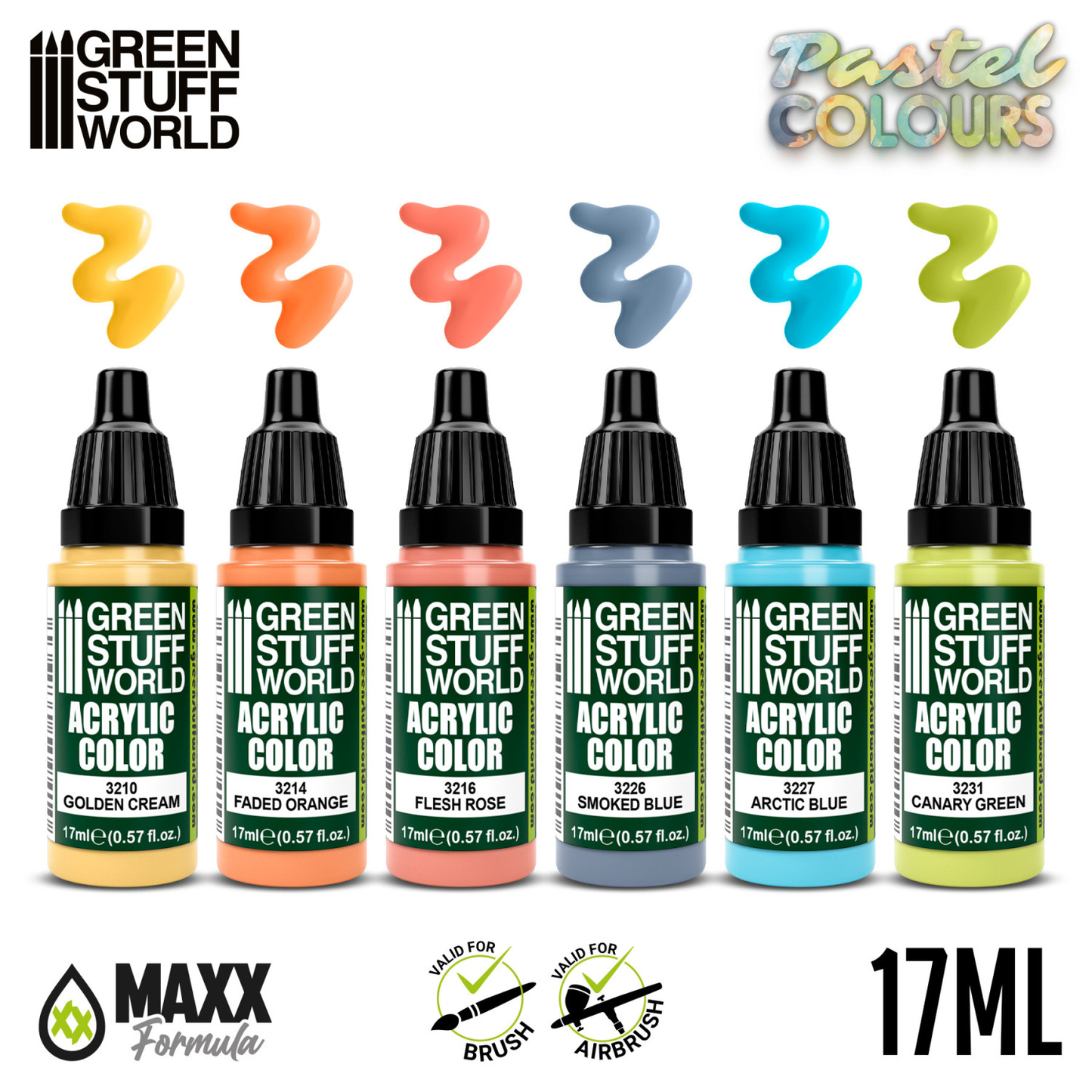 Green Stuff World Paint Set Pastel Colours - paleta 6 kolorów akrylowych Maxx Formula 17ml z próbkami - Golden Cream Faded Orange Flesh Rose Smoked Blue Arctic Blue Canary Green - Green Stuff World